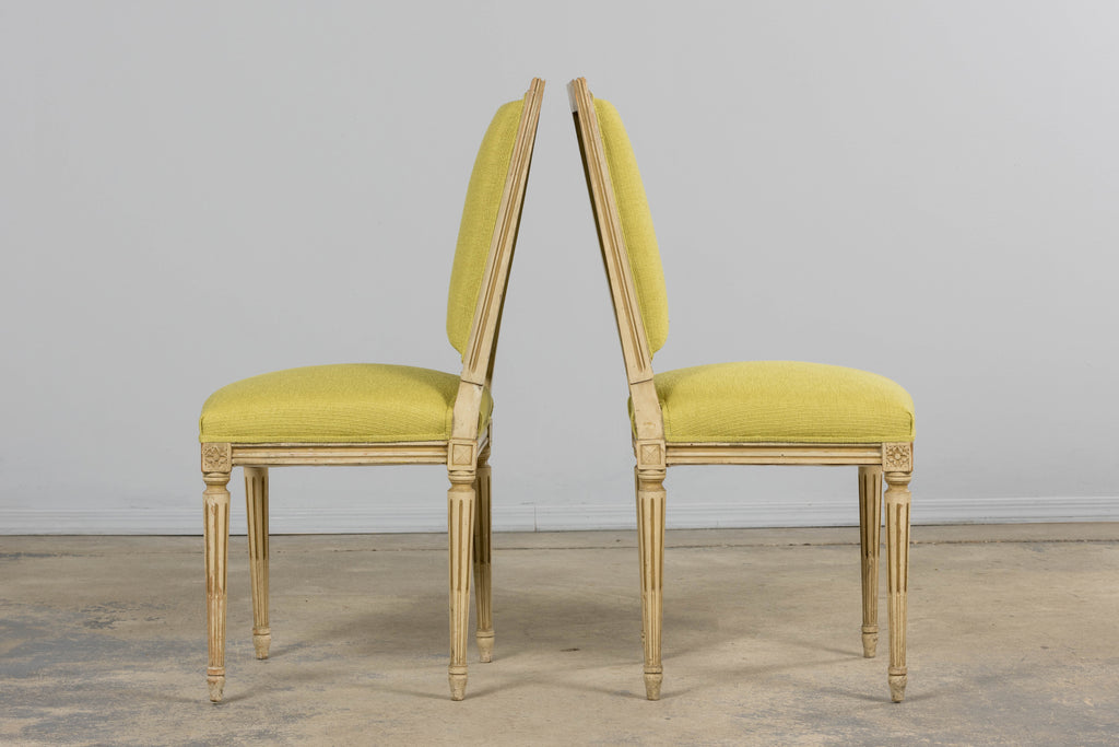 Antique French Louis XVI Painted Accent Side Chairs in Chartreuse Fabric - A Pair