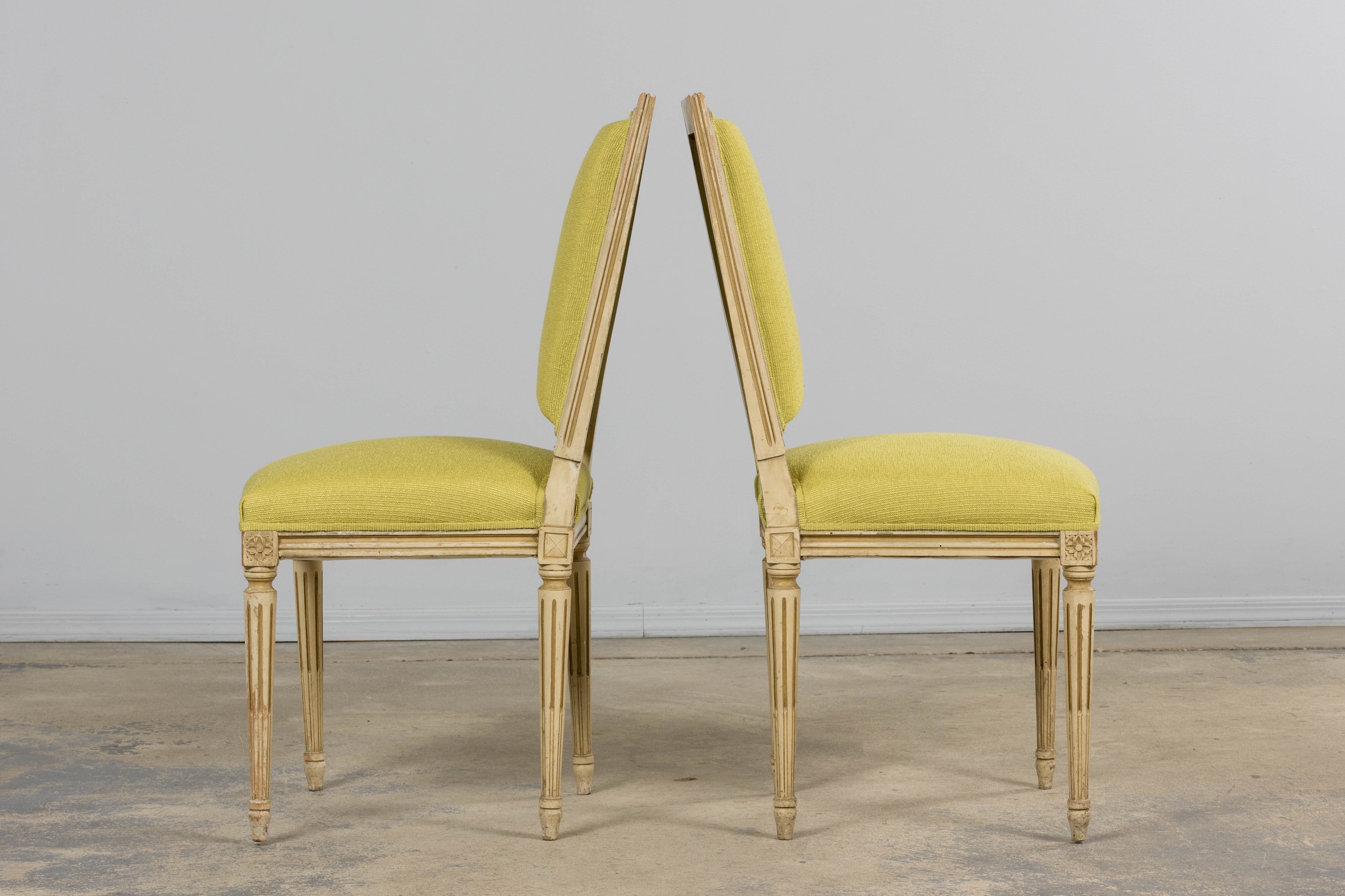 Antique French Louis XVI Painted Accent Side Chairs in Chartreuse Fabric - A Pair