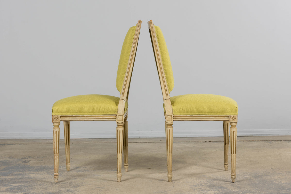 Antique French Louis XVI Painted Accent Side Chairs in Chartreuse Fabric - A Pair