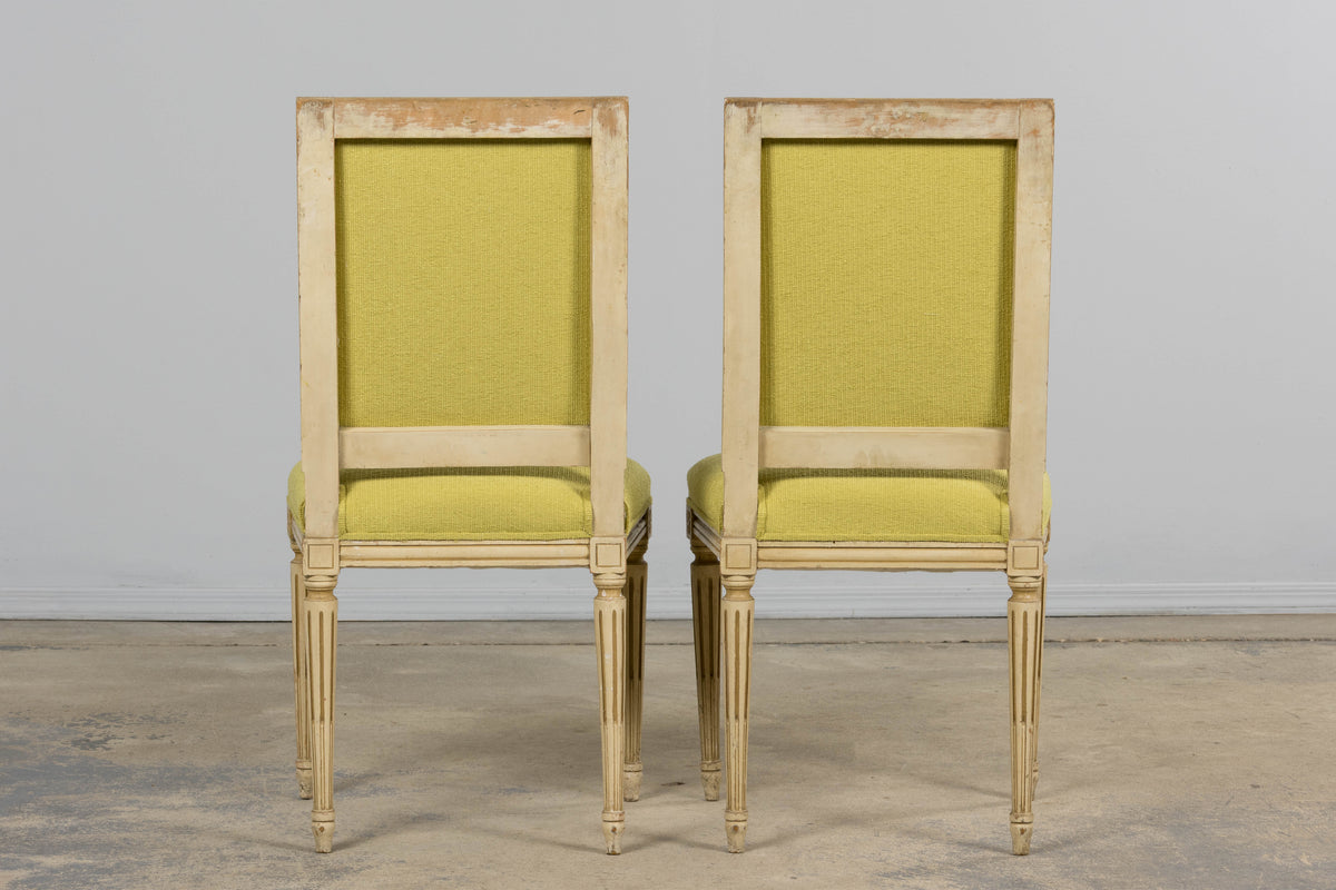 Antique French Louis XVI Painted Accent Side Chairs in Chartreuse Fabric - A Pair