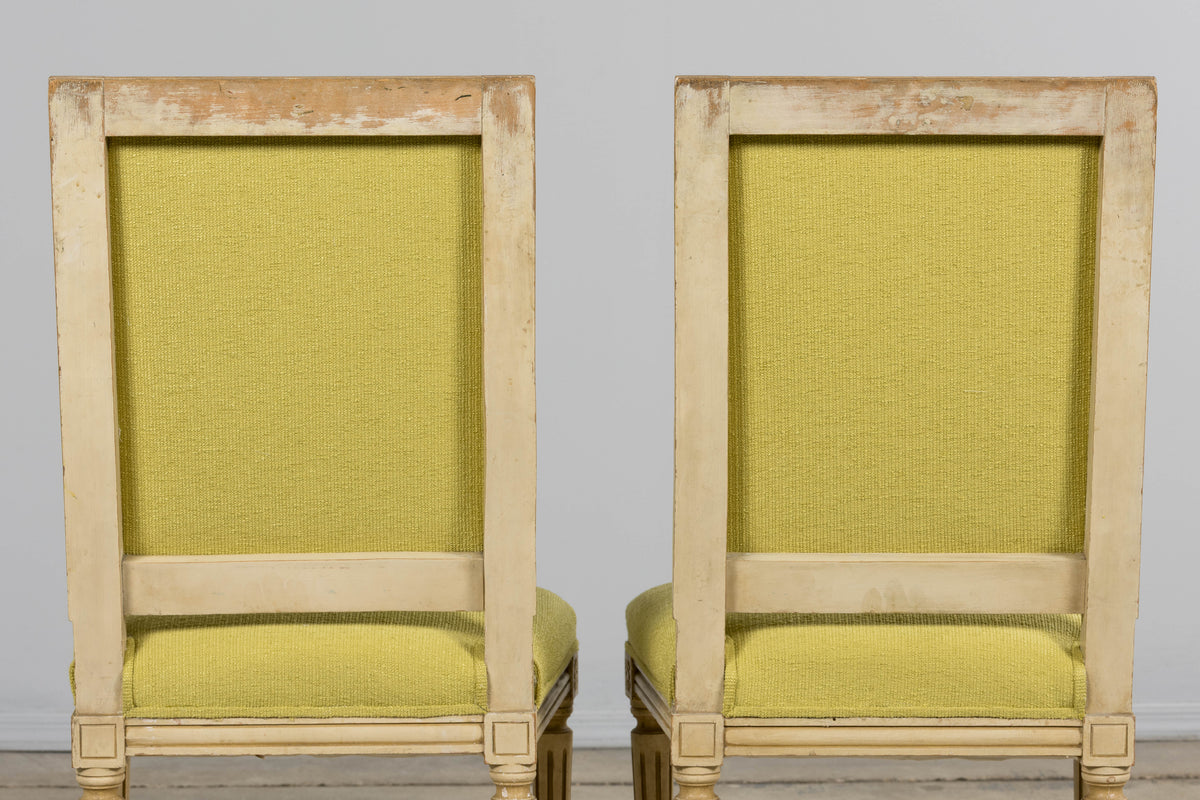 Antique French Louis XVI Painted Accent Side Chairs in Chartreuse Fabric - A Pair