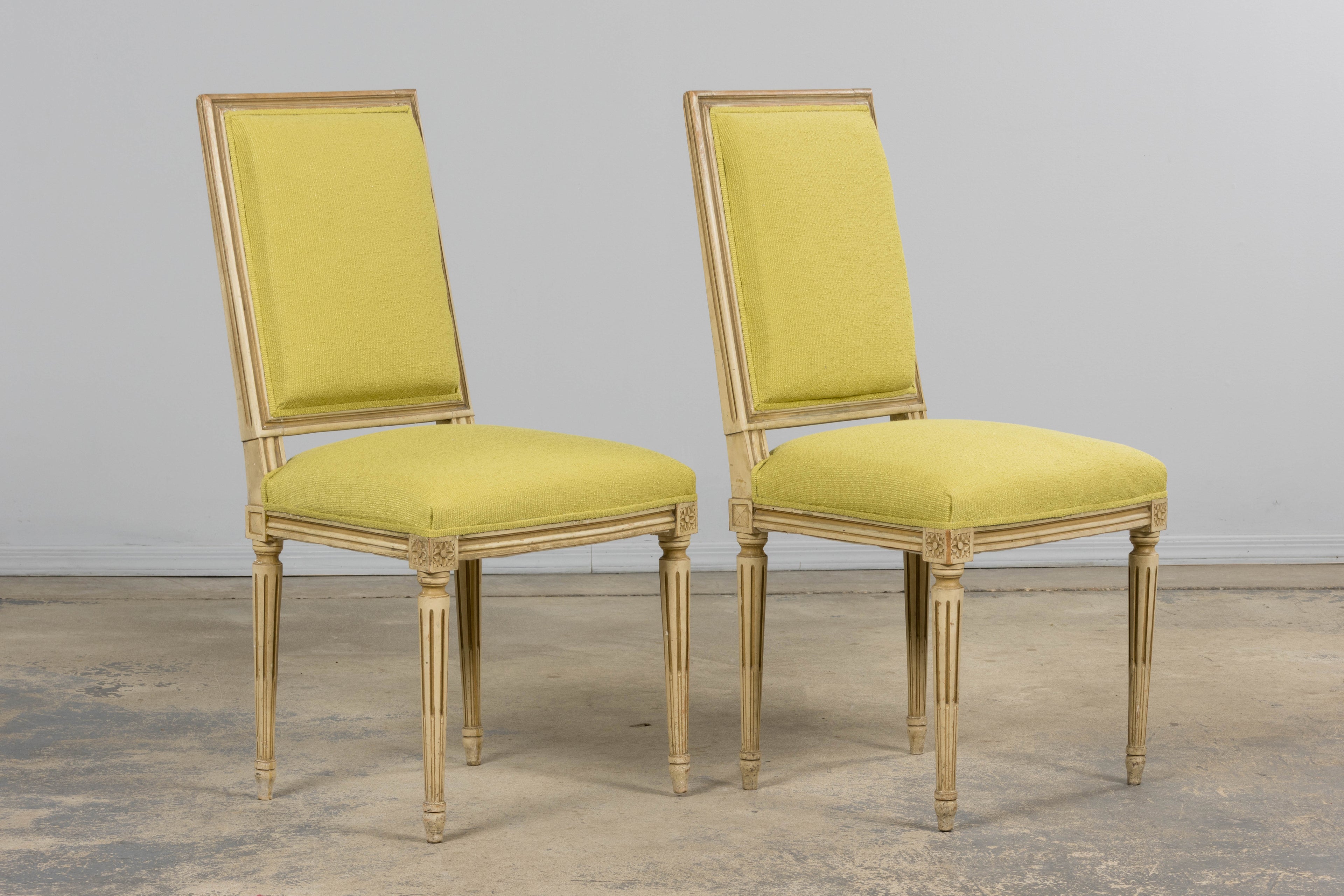 Antique French Louis XVI Painted Accent Side Chairs in Chartreuse Fabric - A Pair