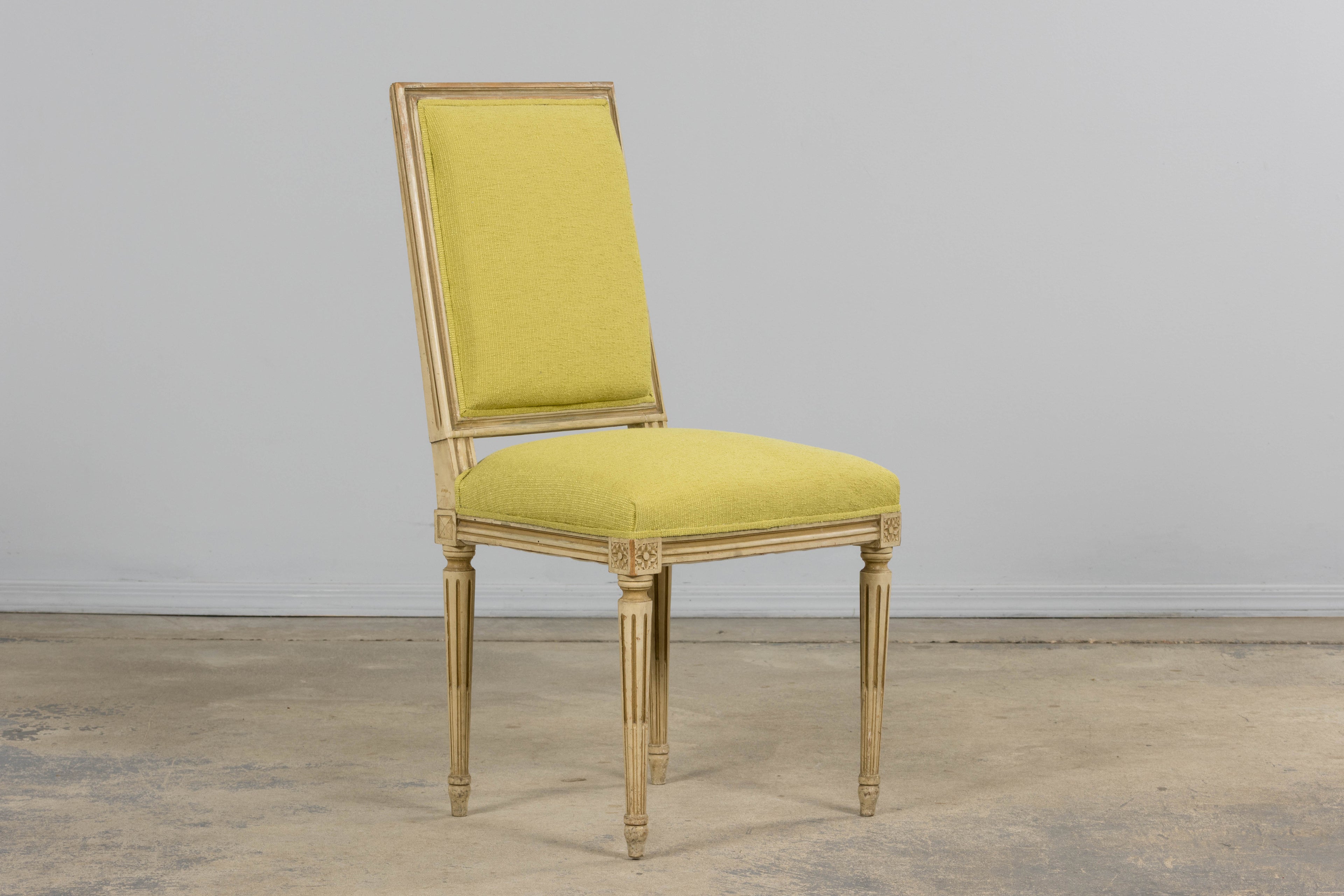 Antique French Louis XVI Painted Accent Side Chairs in Chartreuse Fabric - A Pair