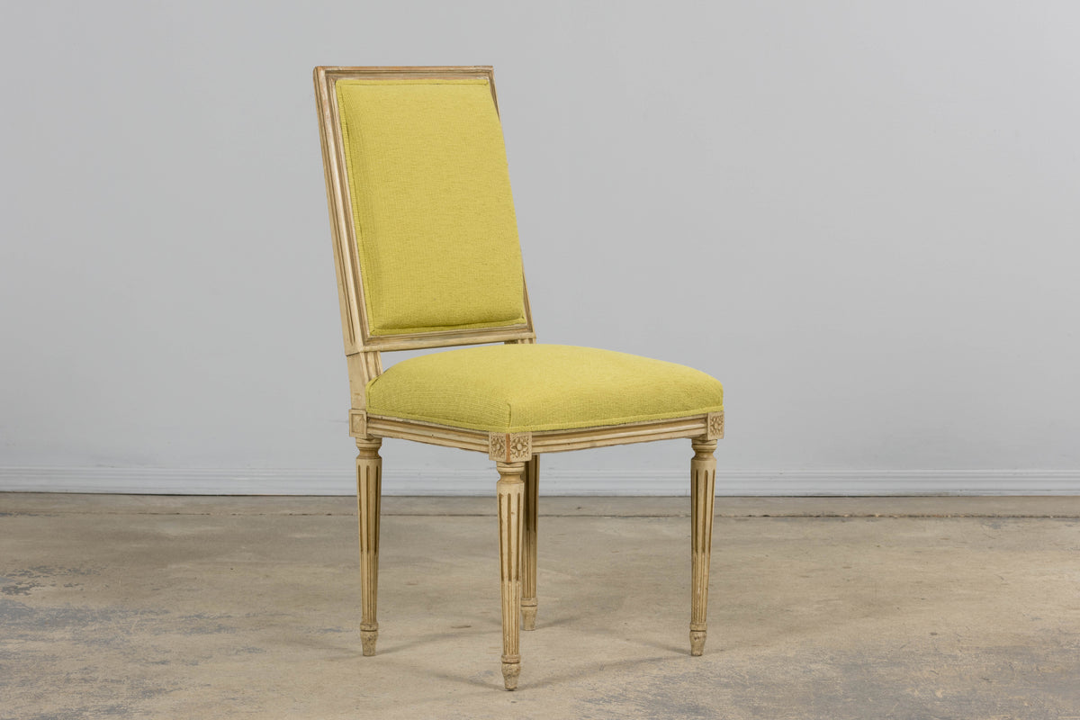 Antique French Louis XVI Painted Accent Side Chairs in Chartreuse Fabric - A Pair