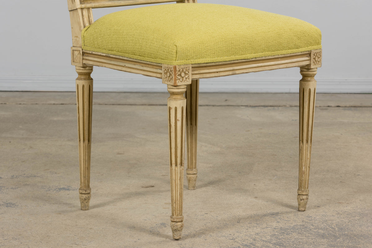 Antique French Louis XVI Painted Accent Side Chairs in Chartreuse Fabric - A Pair