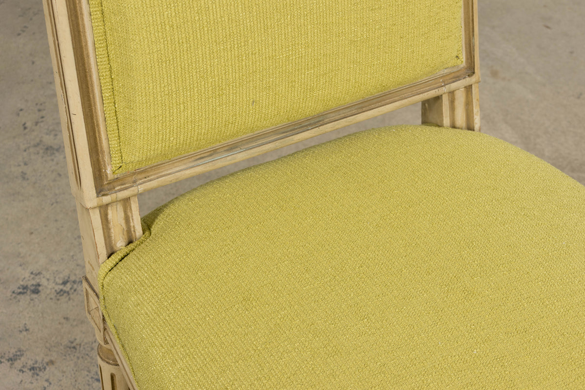 Antique French Louis XVI Painted Accent Side Chairs in Chartreuse Fabric - A Pair