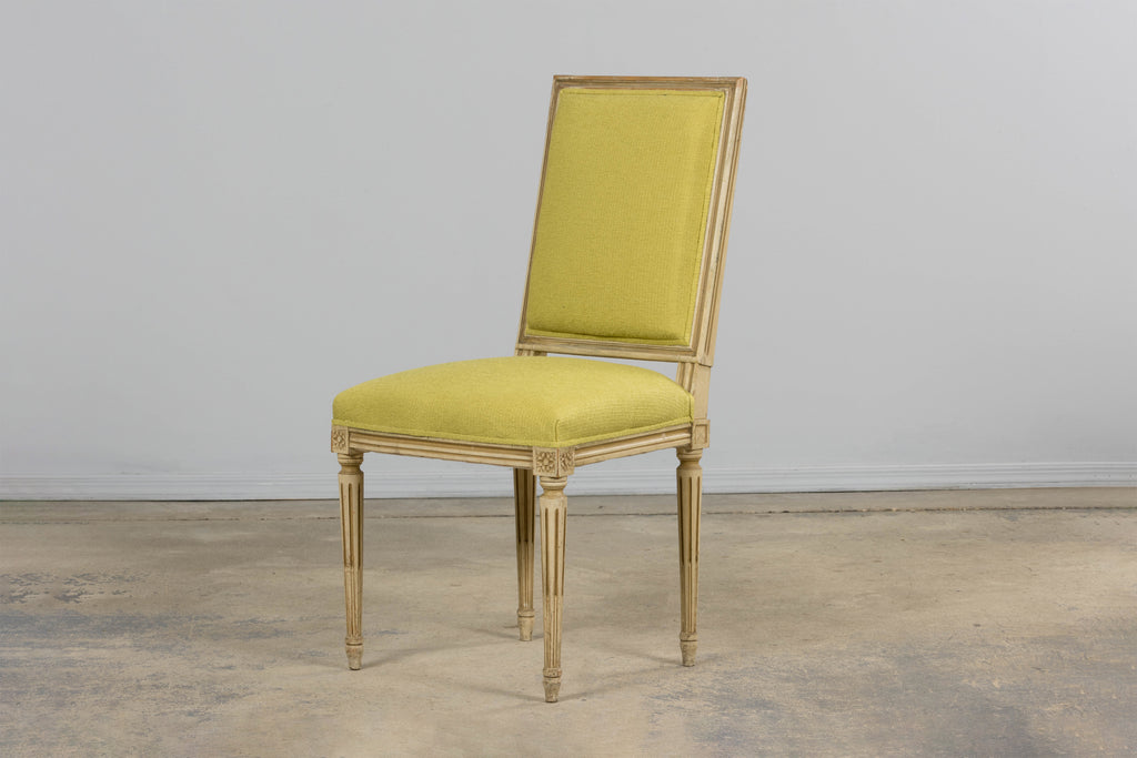 Antique French Louis XVI Painted Accent Side Chairs in Chartreuse Fabric - A Pair