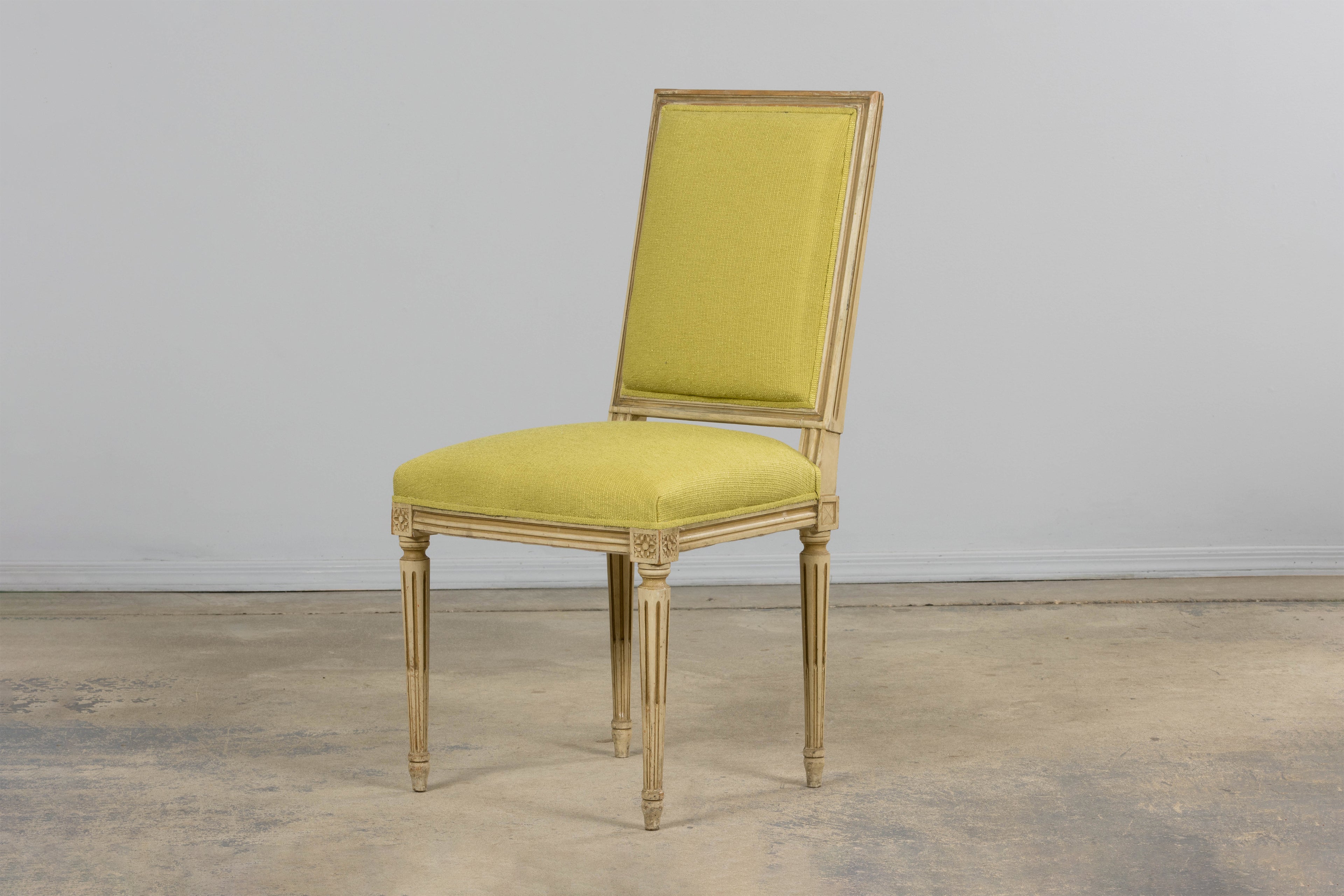 Antique French Louis XVI Painted Accent Side Chairs in Chartreuse Fabric - A Pair