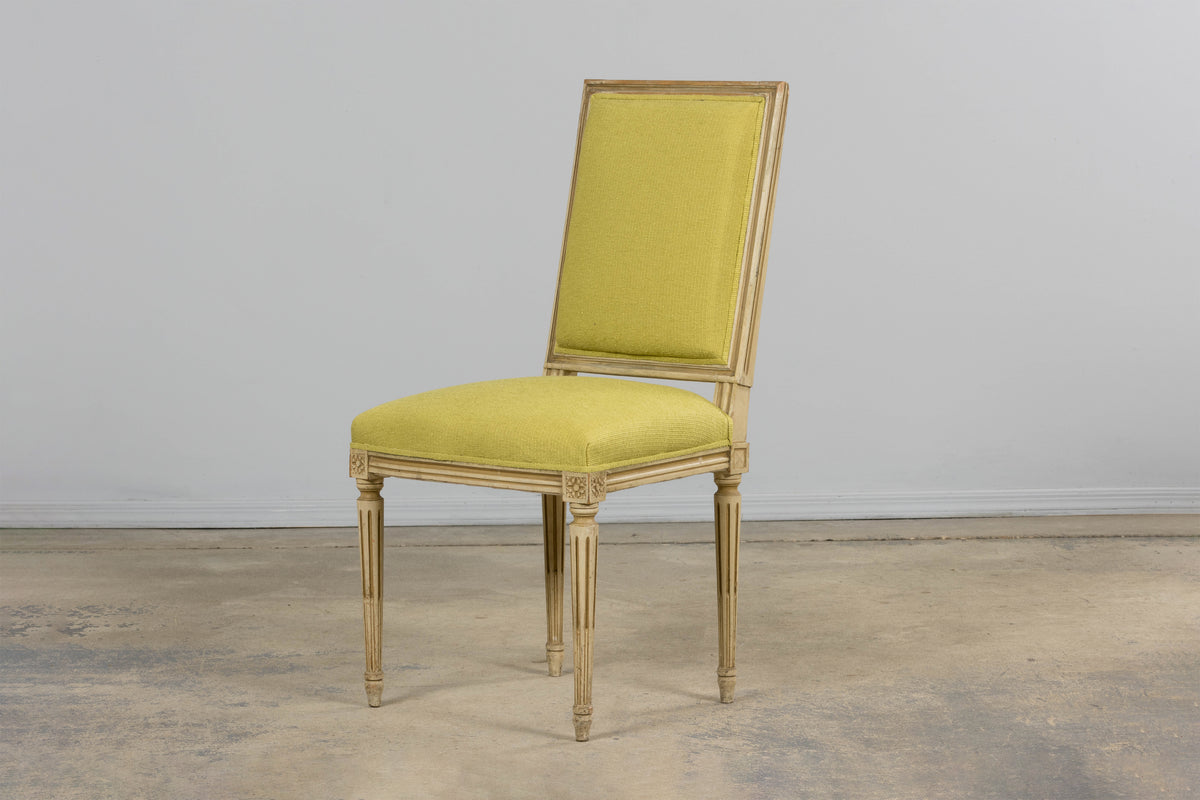Antique French Louis XVI Painted Accent Side Chairs in Chartreuse Fabric - A Pair