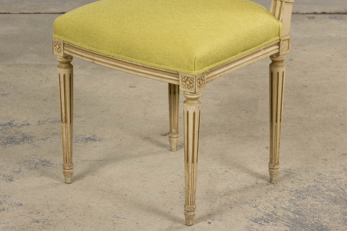 Antique French Louis XVI Painted Accent Side Chairs in Chartreuse Fabric - A Pair