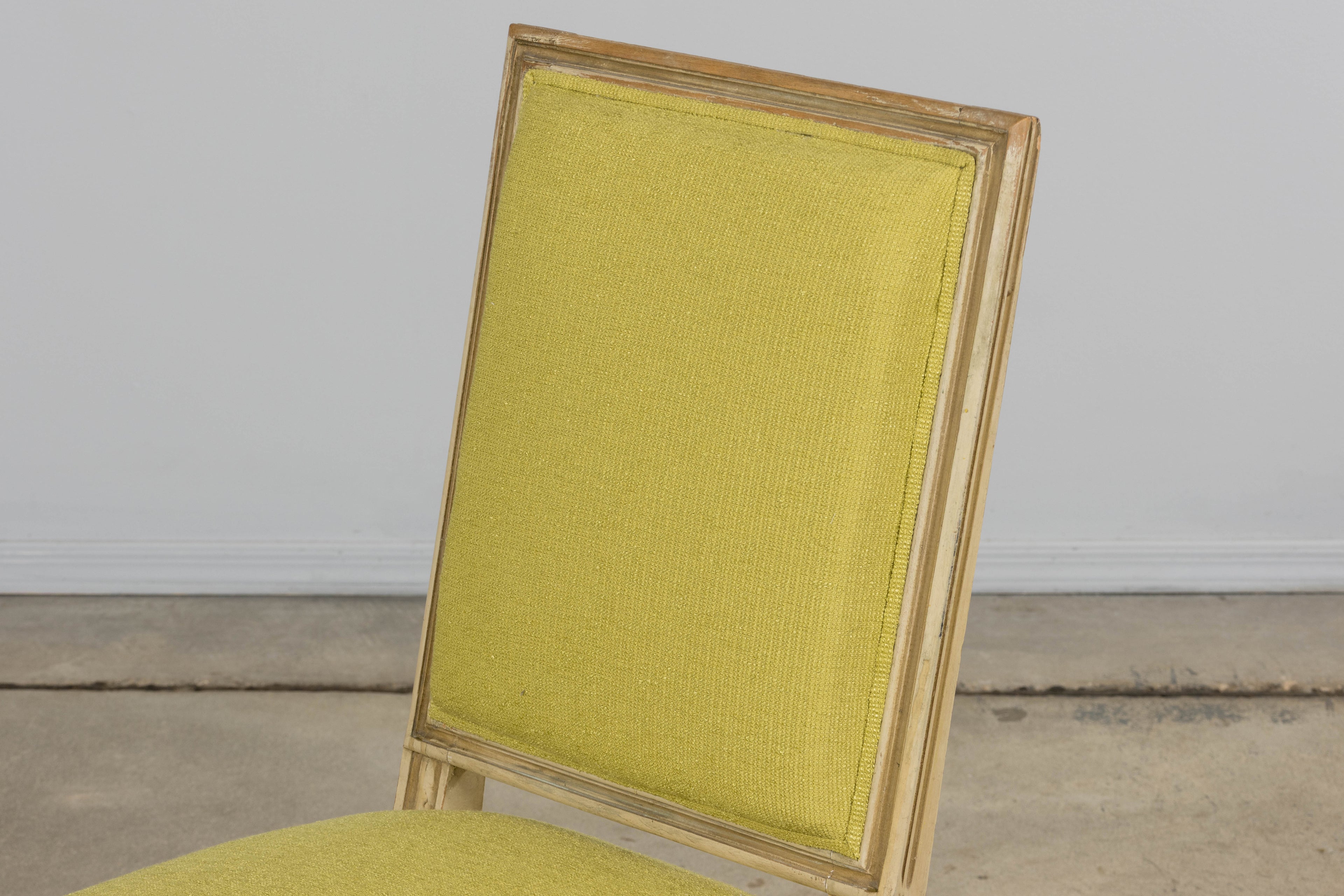 Antique French Louis XVI Painted Accent Side Chairs in Chartreuse Fabric - A Pair