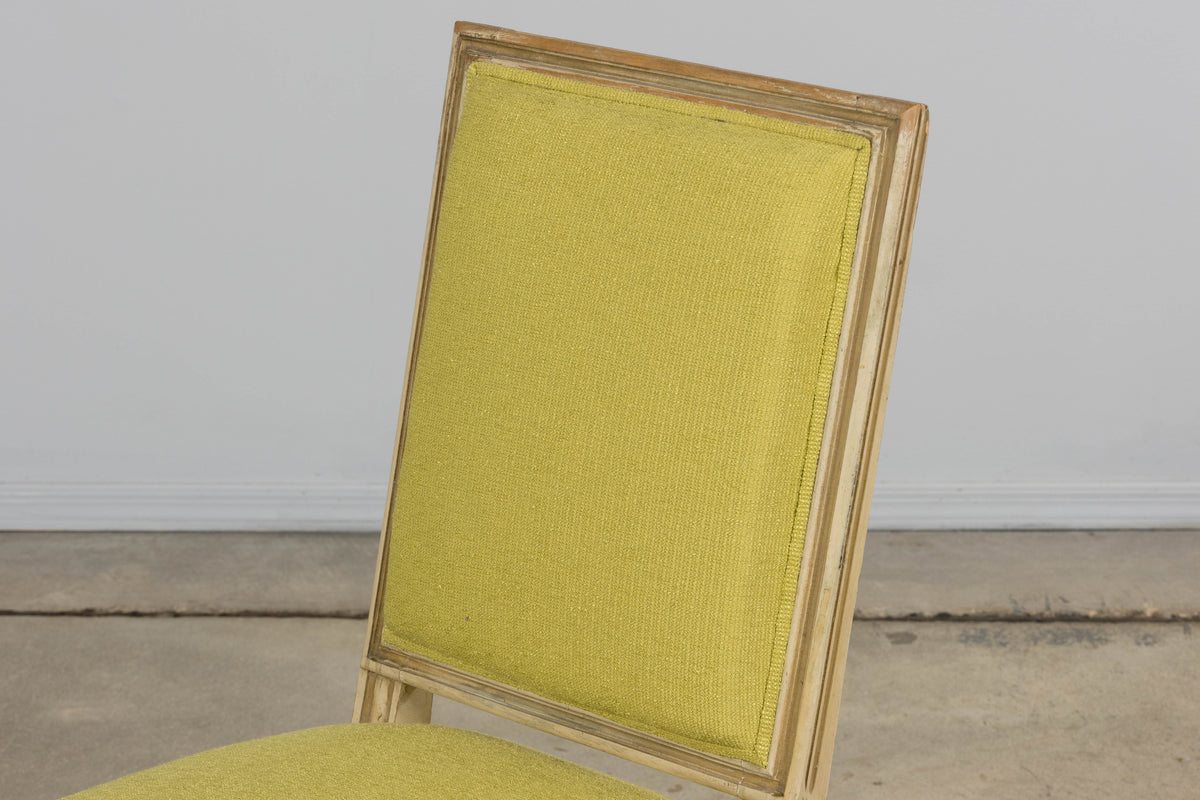 Antique French Louis XVI Painted Accent Side Chairs in Chartreuse Fabric - A Pair