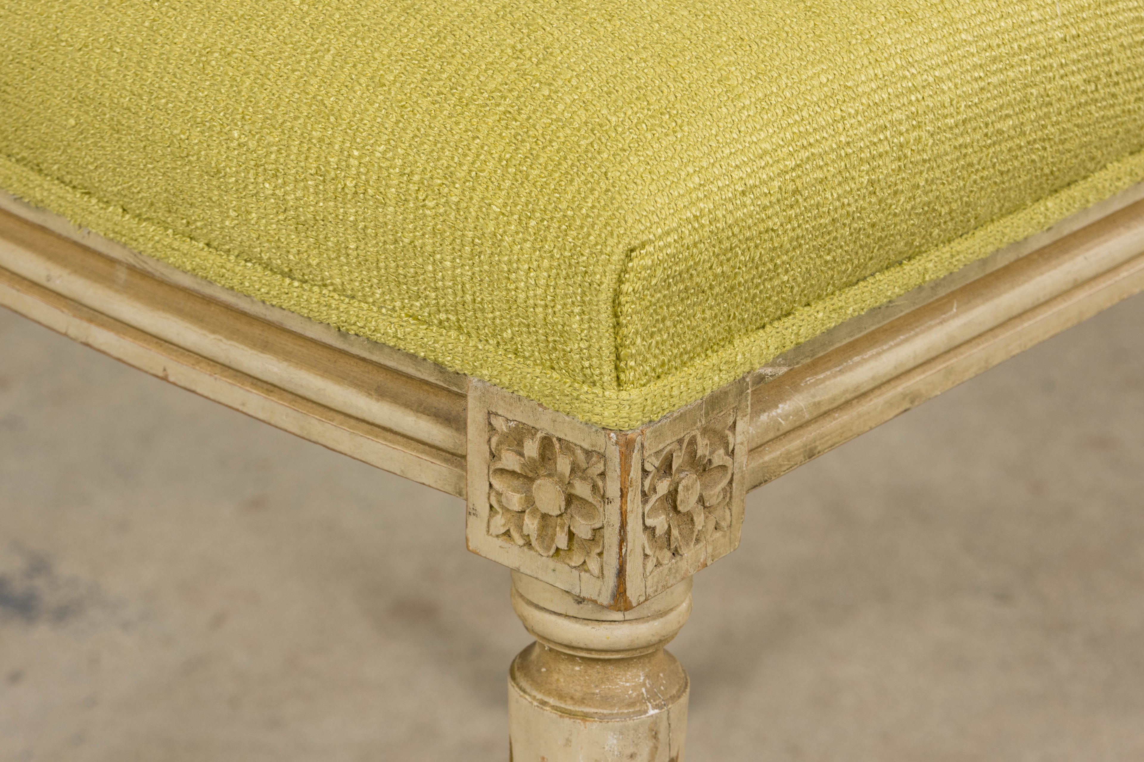 Antique French Louis XVI Painted Accent Side Chairs in Chartreuse Fabric - A Pair