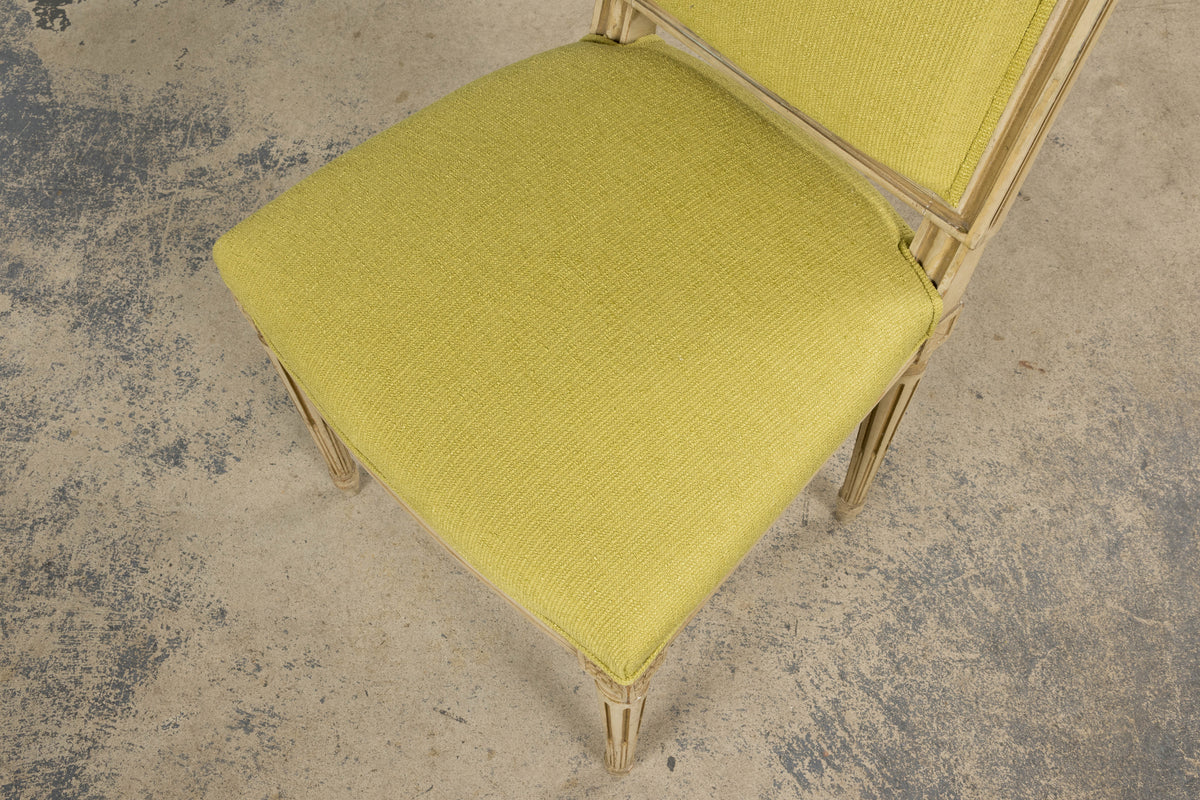 Antique French Louis XVI Painted Accent Side Chairs in Chartreuse Fabric - A Pair
