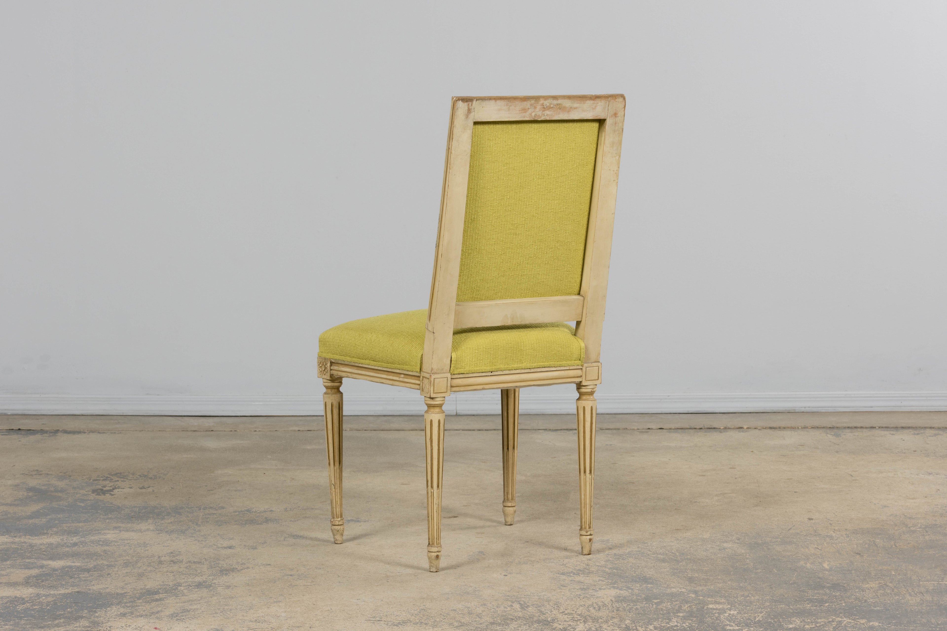 Antique French Louis XVI Painted Accent Side Chairs in Chartreuse Fabric - A Pair