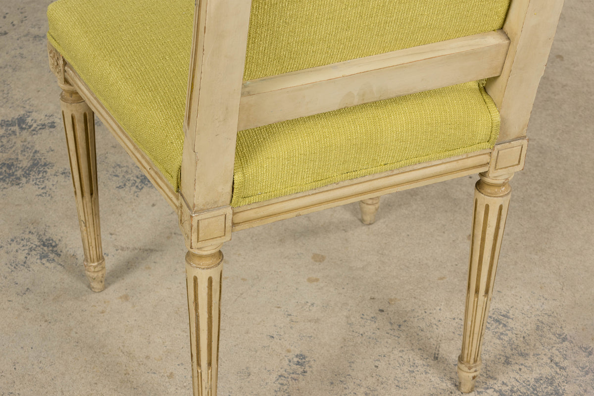 Antique French Louis XVI Painted Accent Side Chairs in Chartreuse Fabric - A Pair