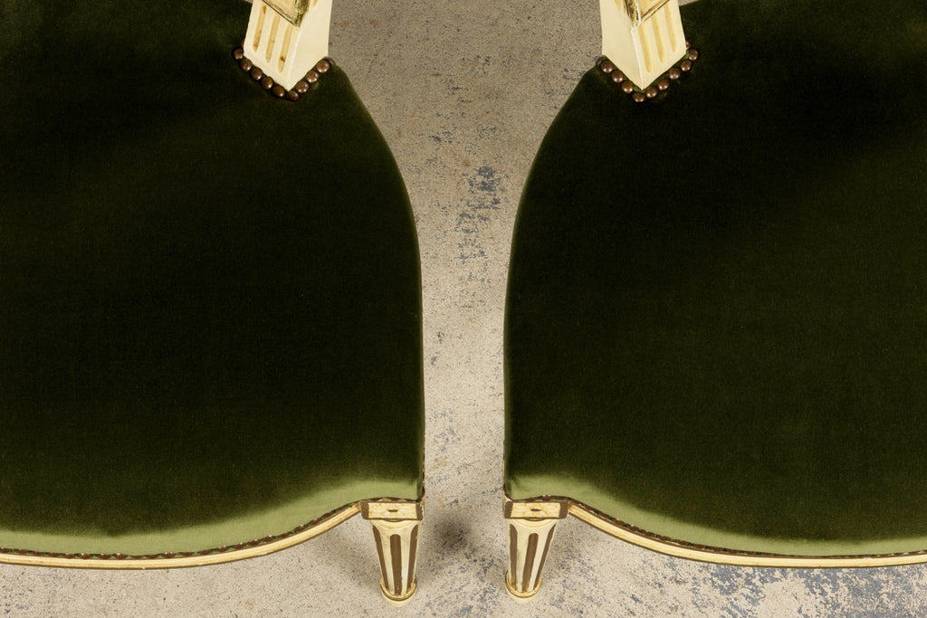 Antique French Louis XVI Style Painted Accent Side Chairs in Olive Green Velvet - A Pair