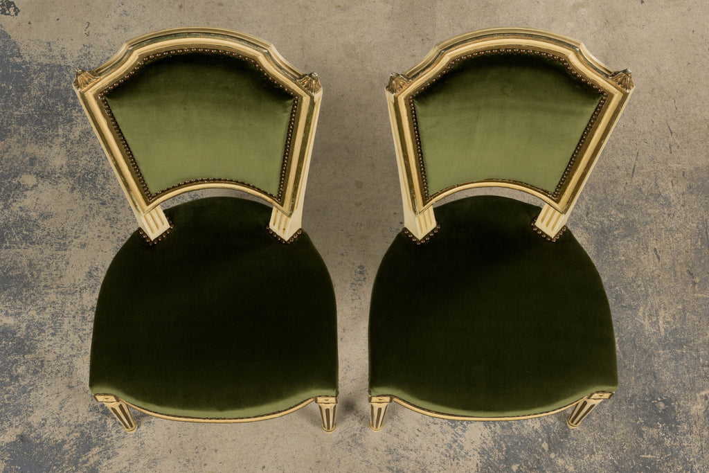 Antique French Louis XVI Style Painted Accent Side Chairs in Olive Green Velvet - A Pair
