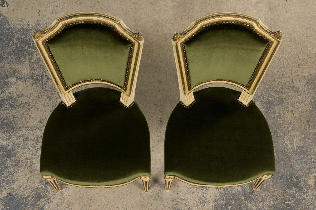 Antique French Louis XVI Style Painted Accent Side Chairs in Olive Green Velvet - A Pair