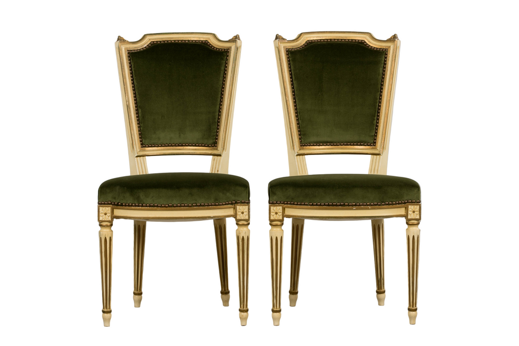 Antique French Louis XVI Style Painted Accent Side Chairs in Olive Green Velvet - A Pair