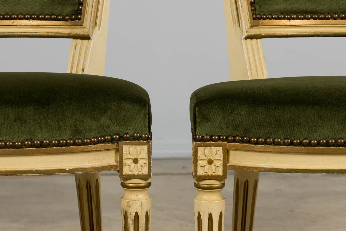 Antique French Louis XVI Style Painted Accent Side Chairs in Olive Green Velvet - A Pair