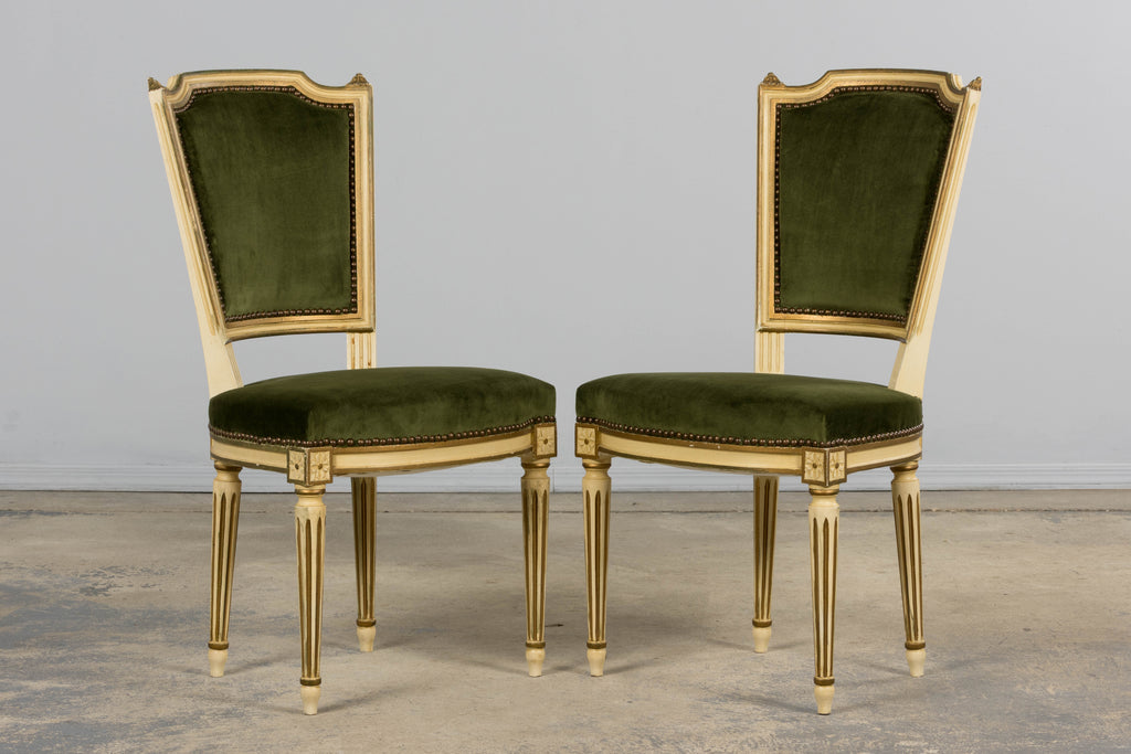 Antique French Louis XVI Style Painted Accent Side Chairs in Olive Green Velvet - A Pair