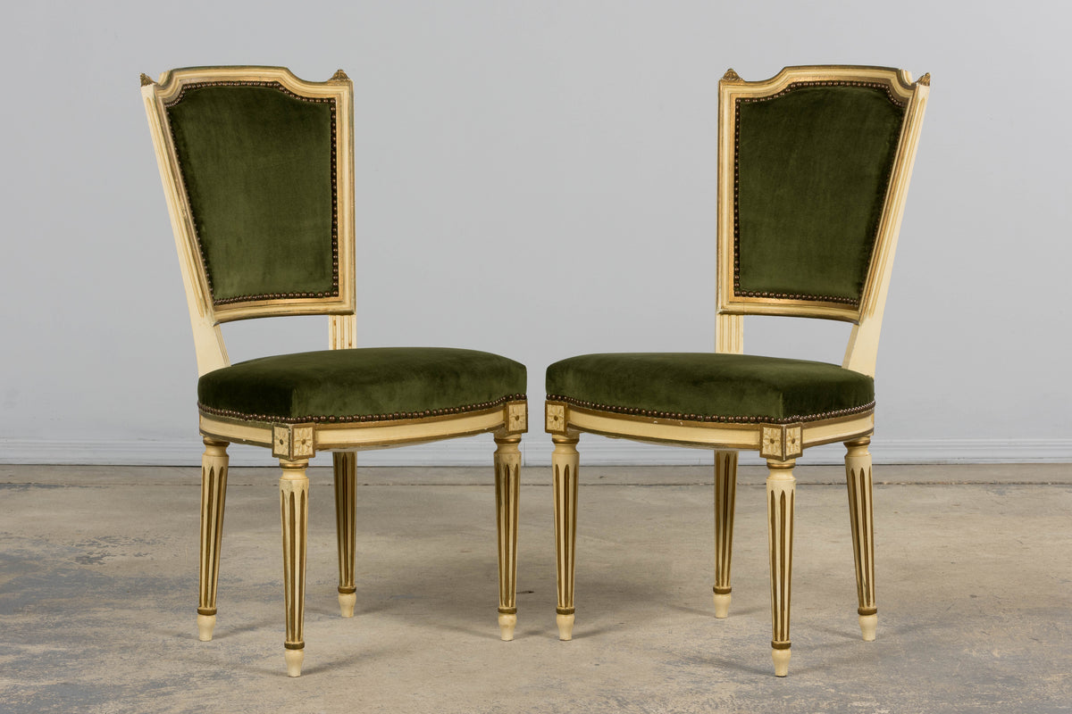 Antique French Louis XVI Style Painted Accent Side Chairs in Olive Green Velvet - A Pair
