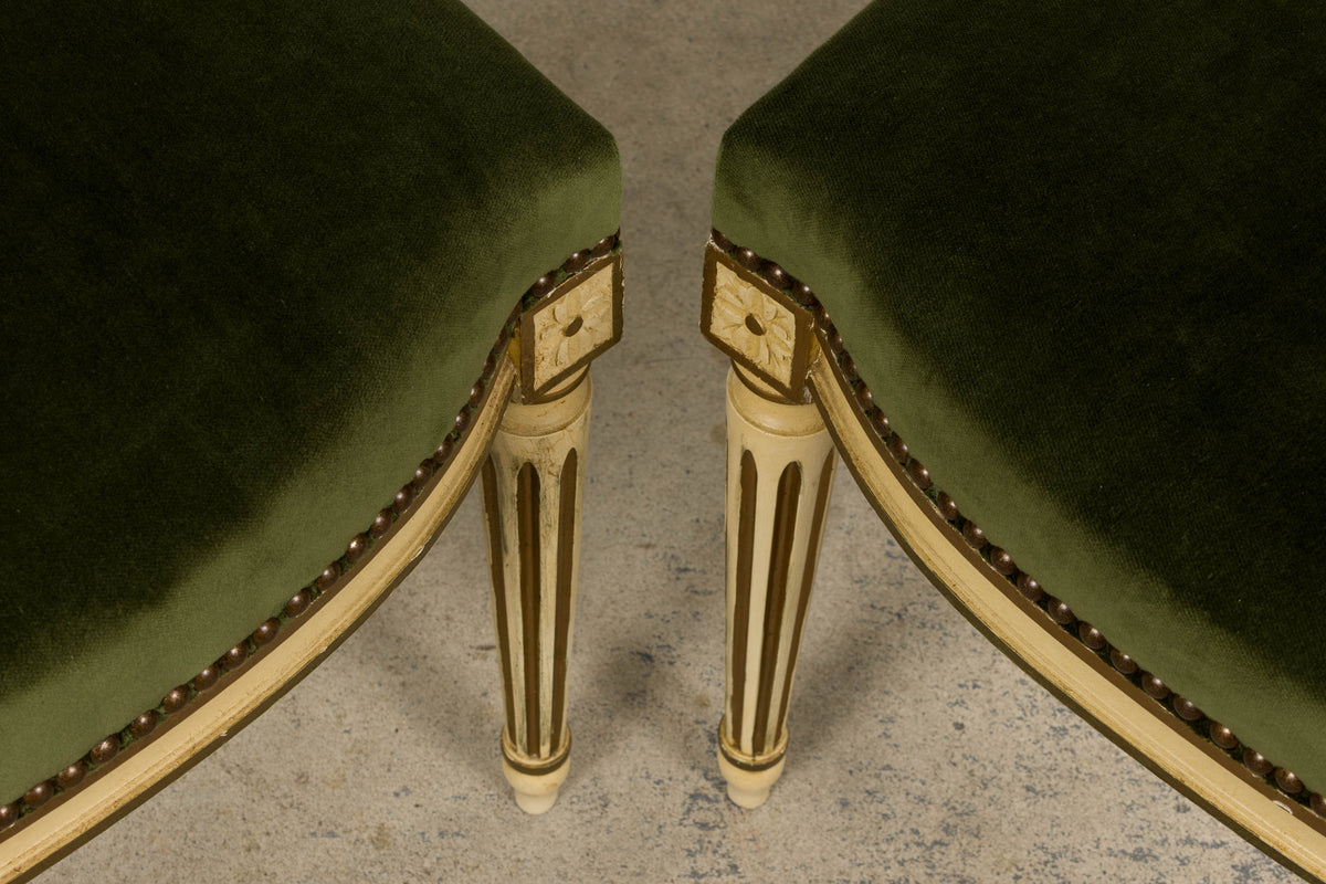 Antique French Louis XVI Style Painted Accent Side Chairs in Olive Green Velvet - A Pair
