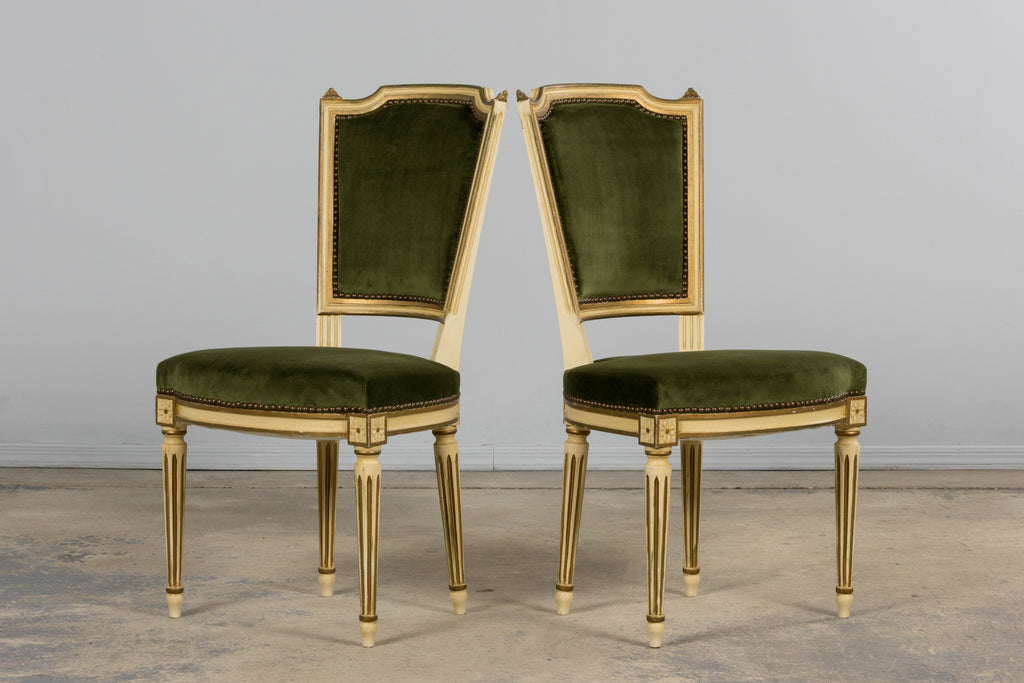 Antique French Louis XVI Style Painted Accent Side Chairs in Olive Green Velvet - A Pair