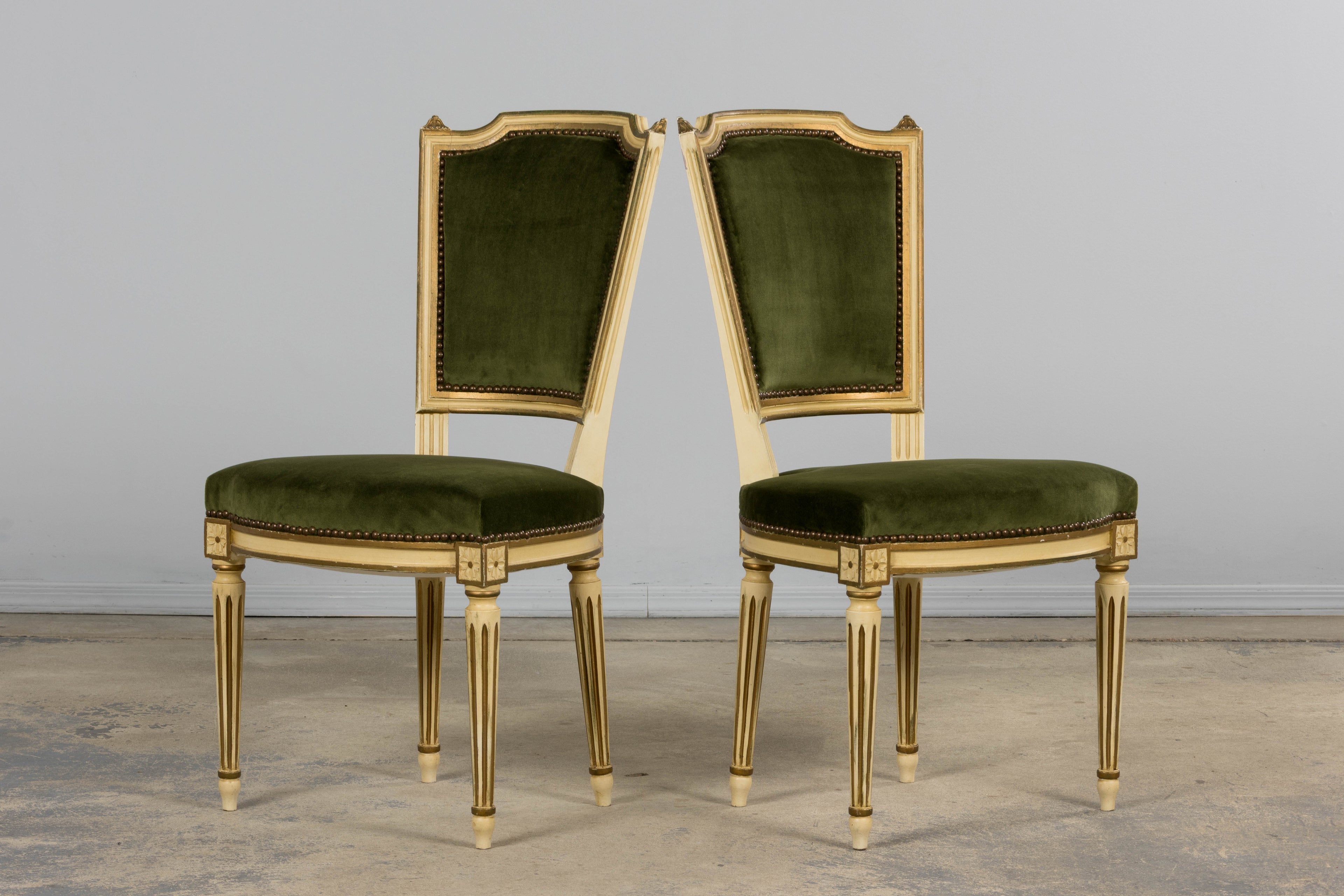 Antique French Louis XVI Style Painted Accent Side Chairs in Olive Green Velvet - A Pair