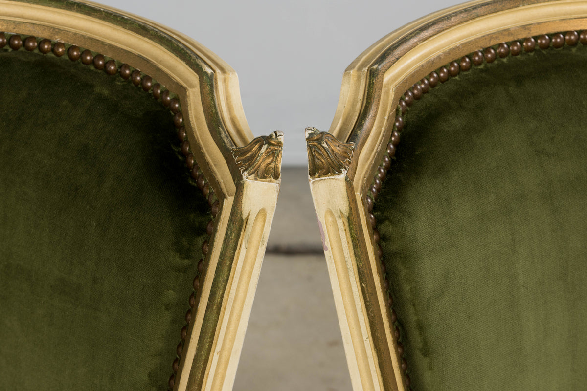 Antique French Louis XVI Style Painted Accent Side Chairs in Olive Green Velvet - A Pair
