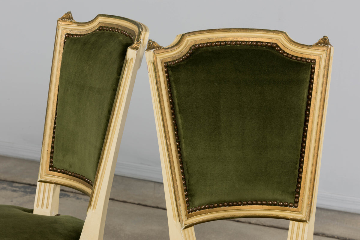 Antique French Louis XVI Style Painted Accent Side Chairs in Olive Green Velvet - A Pair