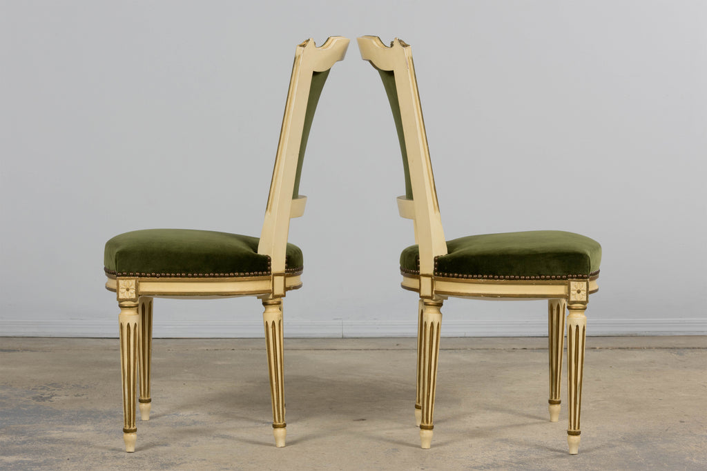 Antique French Louis XVI Style Painted Accent Side Chairs in Olive Green Velvet - A Pair