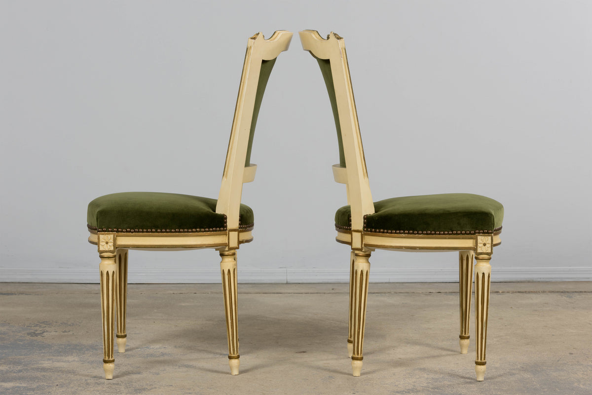 Antique French Louis XVI Style Painted Accent Side Chairs in Olive Green Velvet - A Pair
