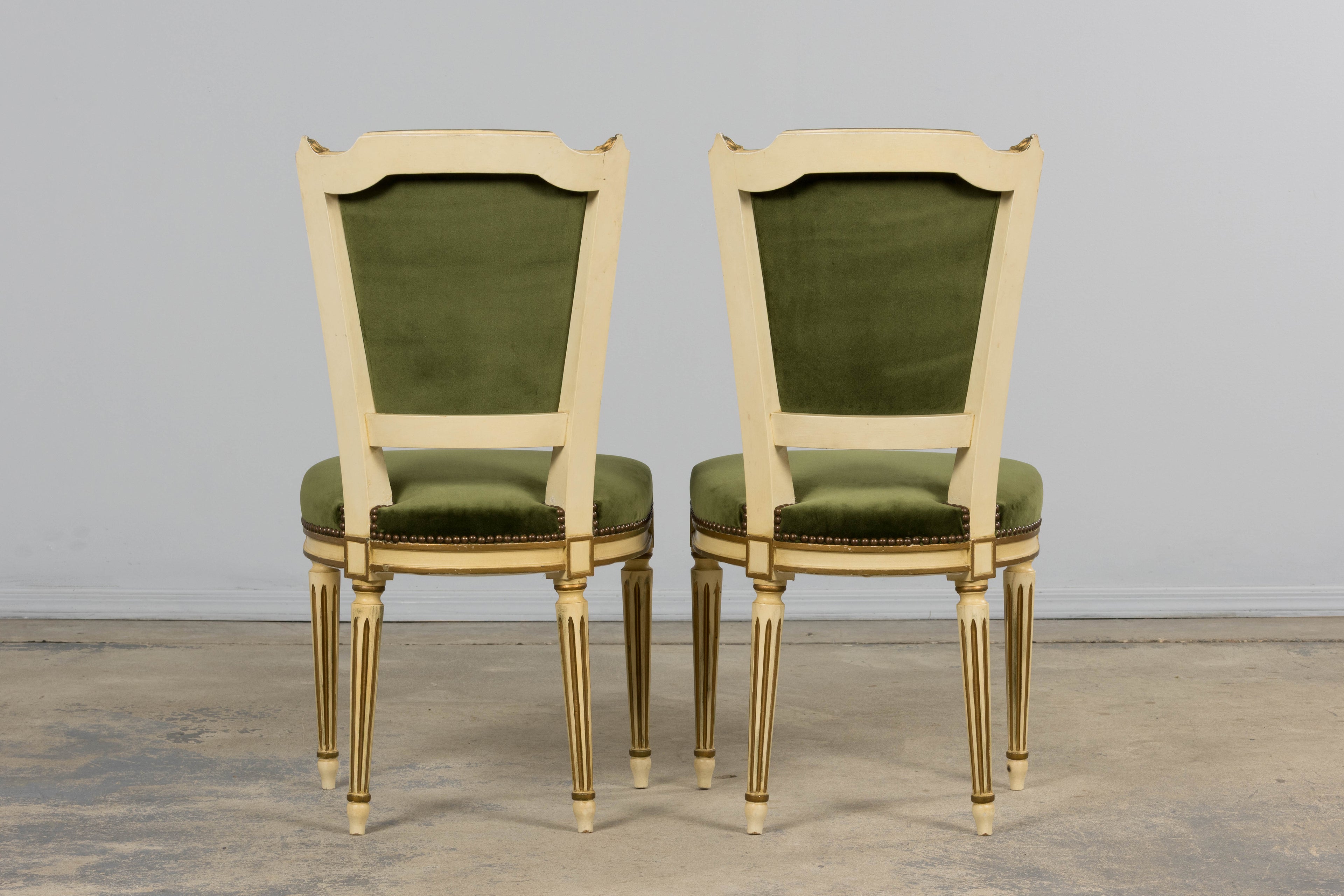 Antique French Louis XVI Style Painted Accent Side Chairs in Olive Green Velvet - A Pair