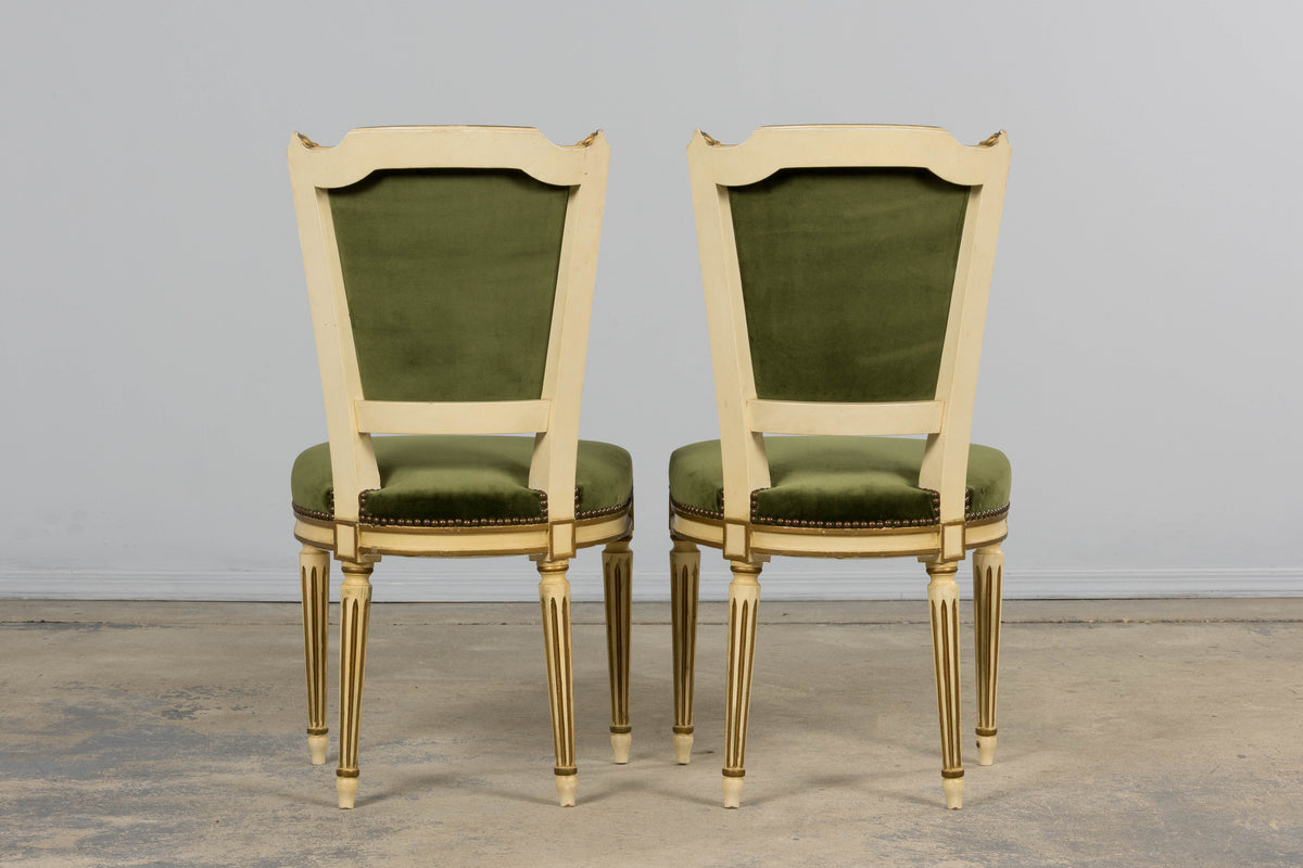 Antique French Louis XVI Style Painted Accent Side Chairs in Olive Green Velvet - A Pair