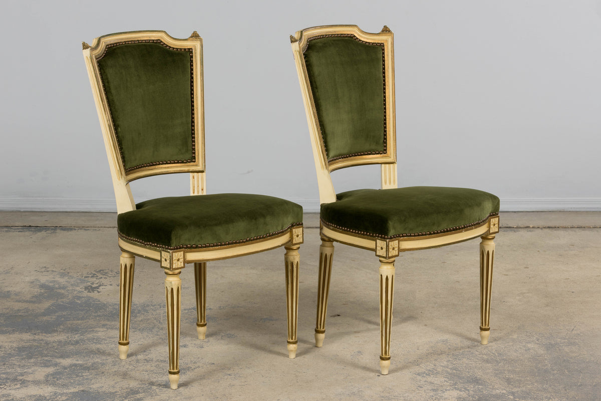Antique French Louis XVI Style Painted Accent Side Chairs in Olive Green Velvet - A Pair