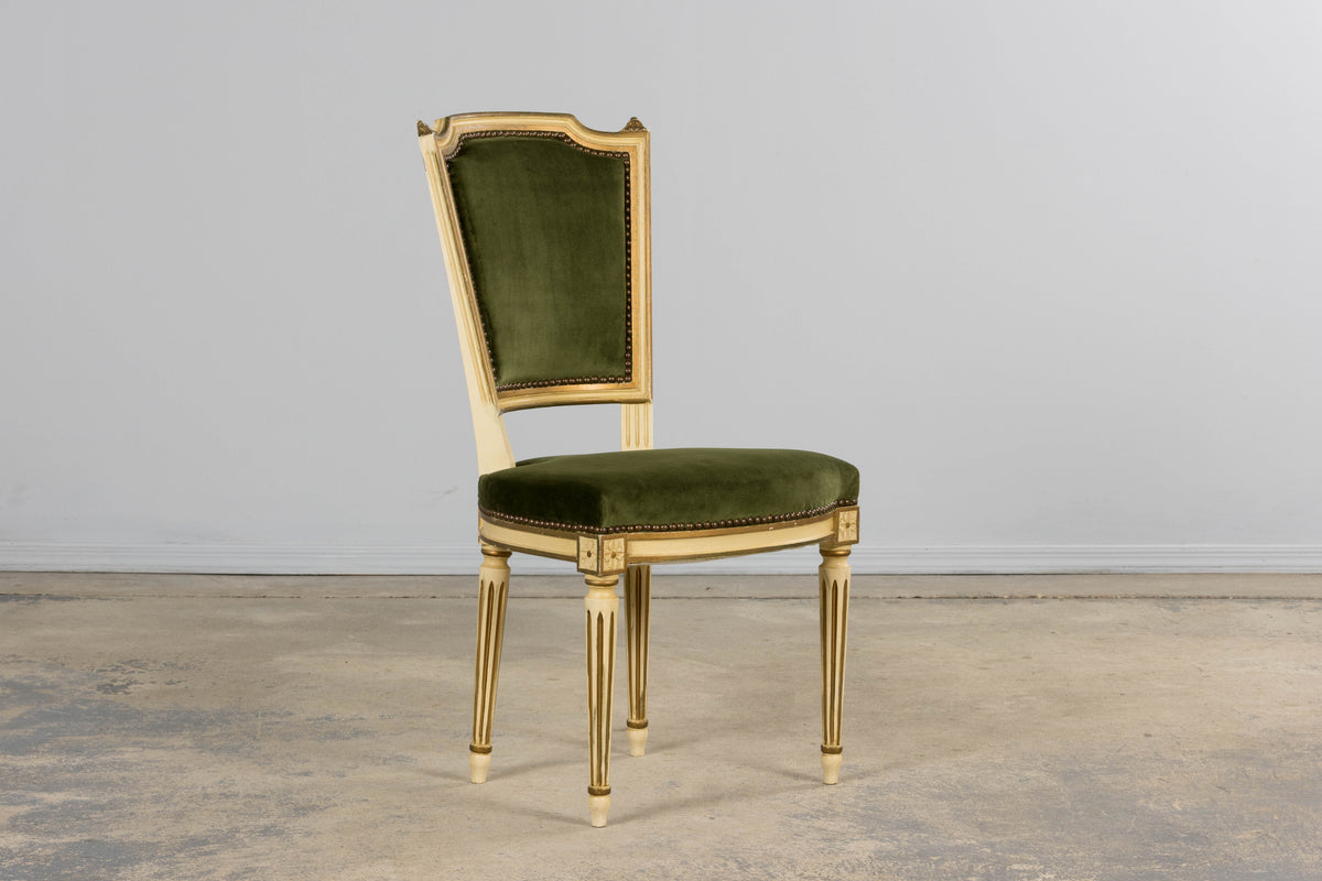 Antique French Louis XVI Style Painted Accent Side Chairs in Olive Green Velvet - A Pair