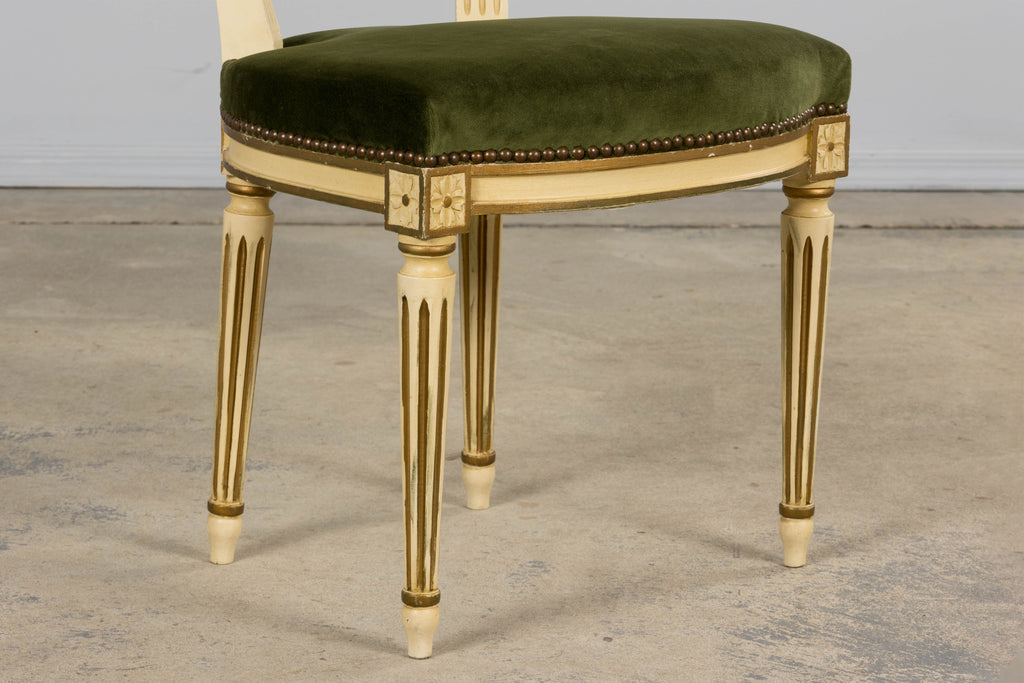 Antique French Louis XVI Style Painted Accent Side Chairs in Olive Green Velvet - A Pair