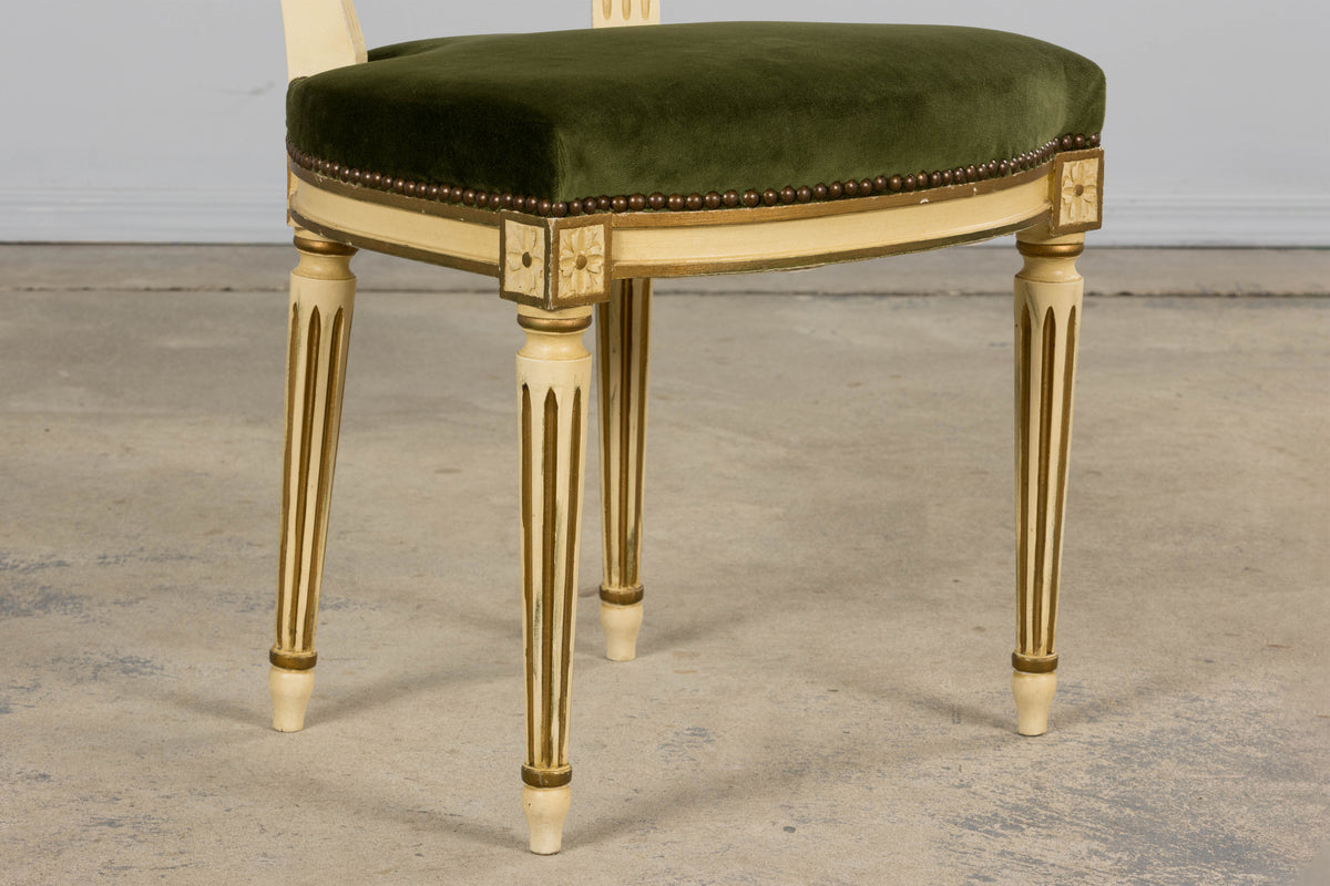 Antique French Louis XVI Style Painted Accent Side Chairs in Olive Green Velvet - A Pair