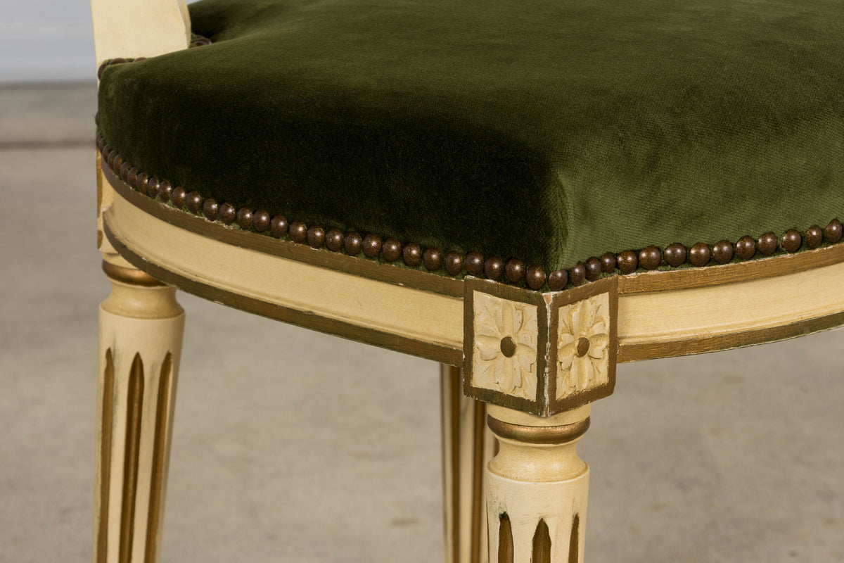 Antique French Louis XVI Style Painted Accent Side Chairs in Olive Green Velvet - A Pair