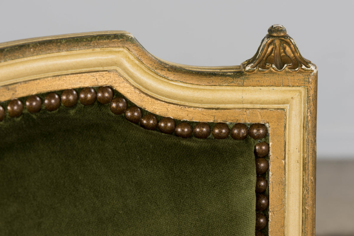 Antique French Louis XVI Style Painted Accent Side Chairs in Olive Green Velvet - A Pair