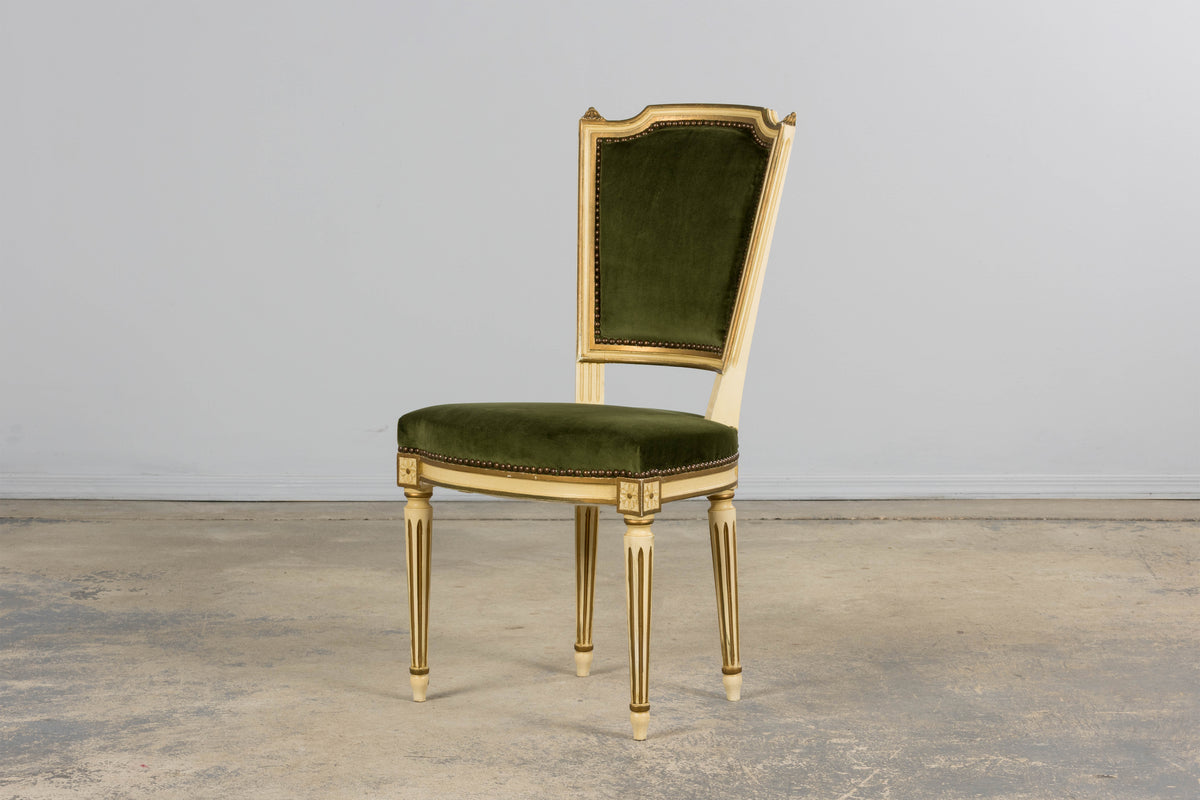 Antique French Louis XVI Style Painted Accent Side Chairs in Olive Green Velvet - A Pair