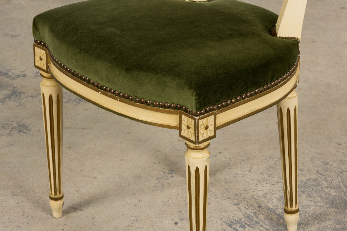 Antique French Louis XVI Style Painted Accent Side Chairs in Olive Green Velvet - A Pair