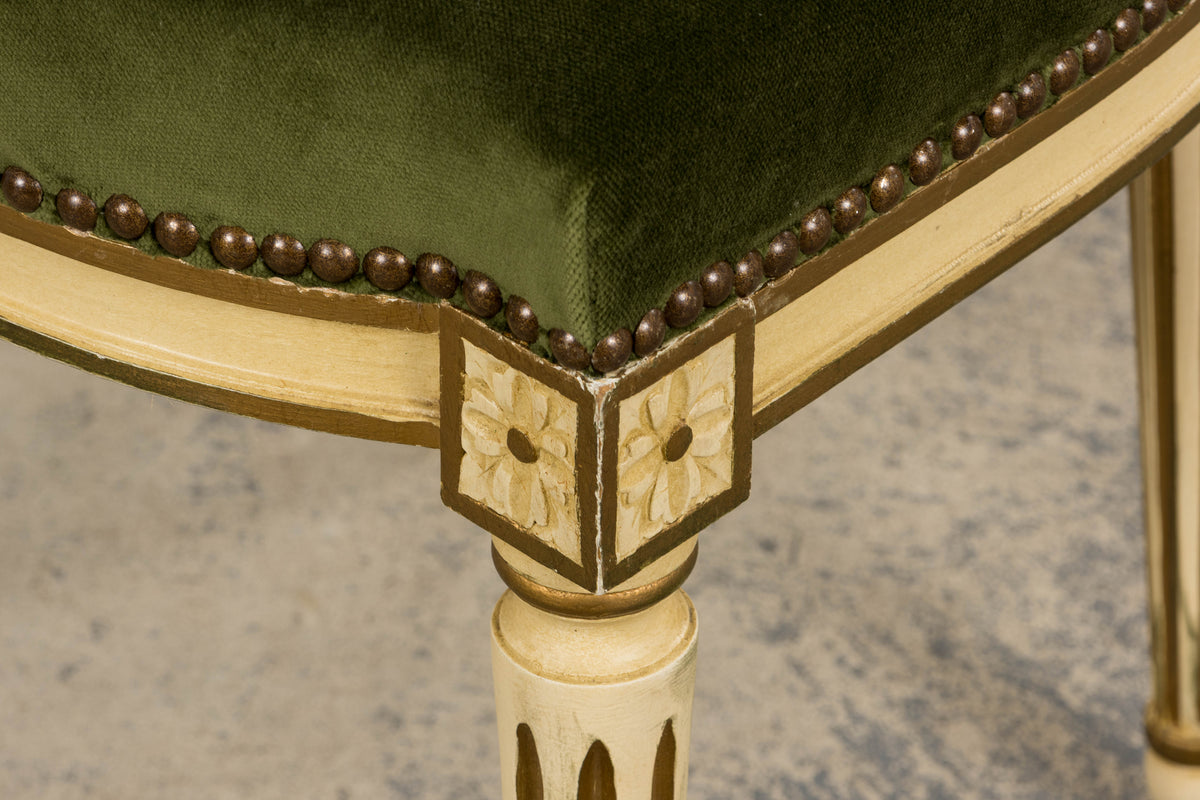 Antique French Louis XVI Style Painted Accent Side Chairs in Olive Green Velvet - A Pair