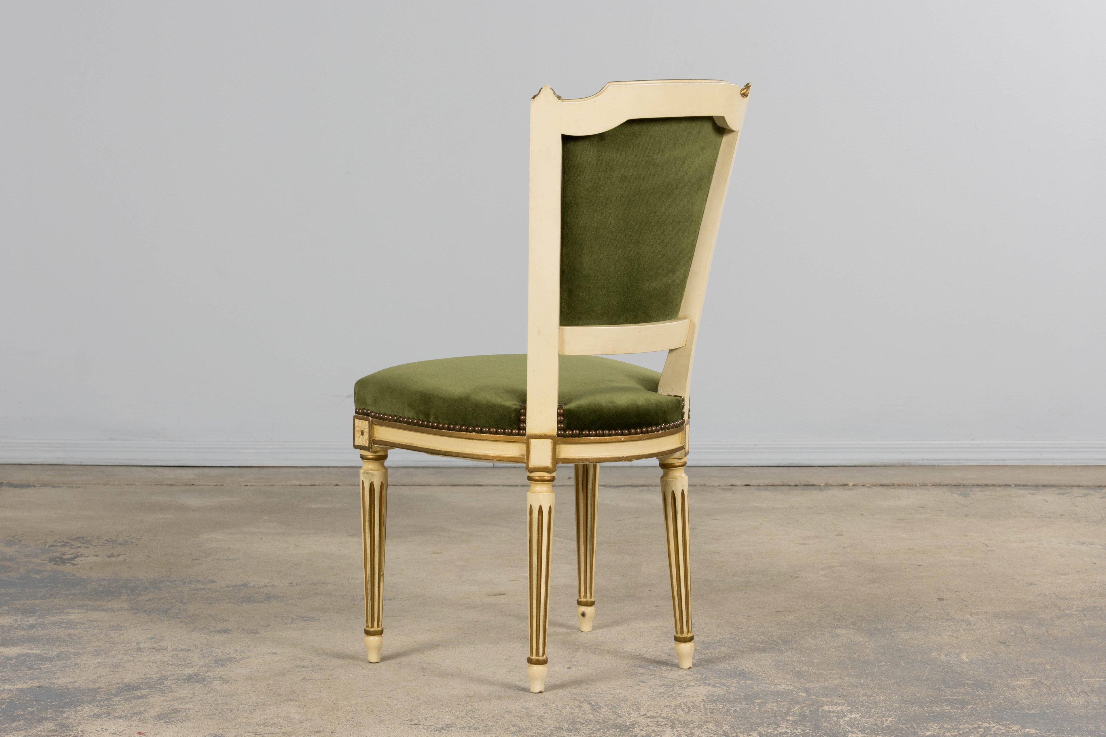 Antique French Louis XVI Style Painted Accent Side Chairs in Olive Green Velvet - A Pair