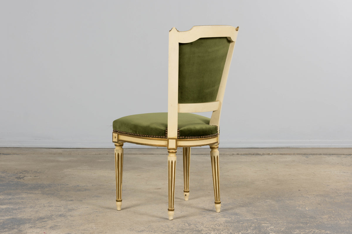 Antique French Louis XVI Style Painted Accent Side Chairs in Olive Green Velvet - A Pair