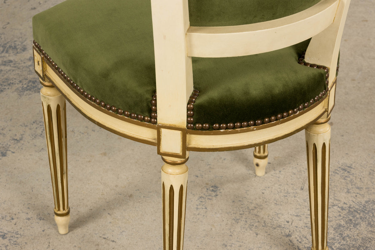 Antique French Louis XVI Style Painted Accent Side Chairs in Olive Green Velvet - A Pair