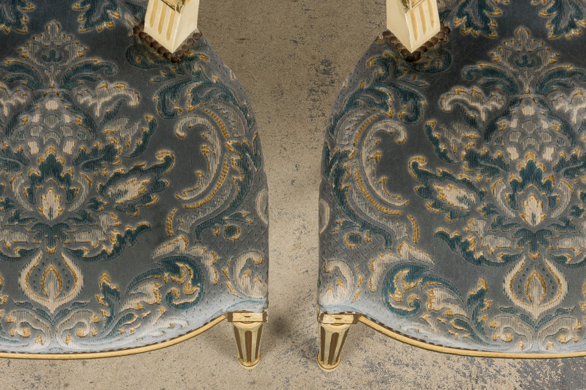 Antique French Louis XVI Style Painted Side Chairs W/ Blue Velvet Damask – A Pair