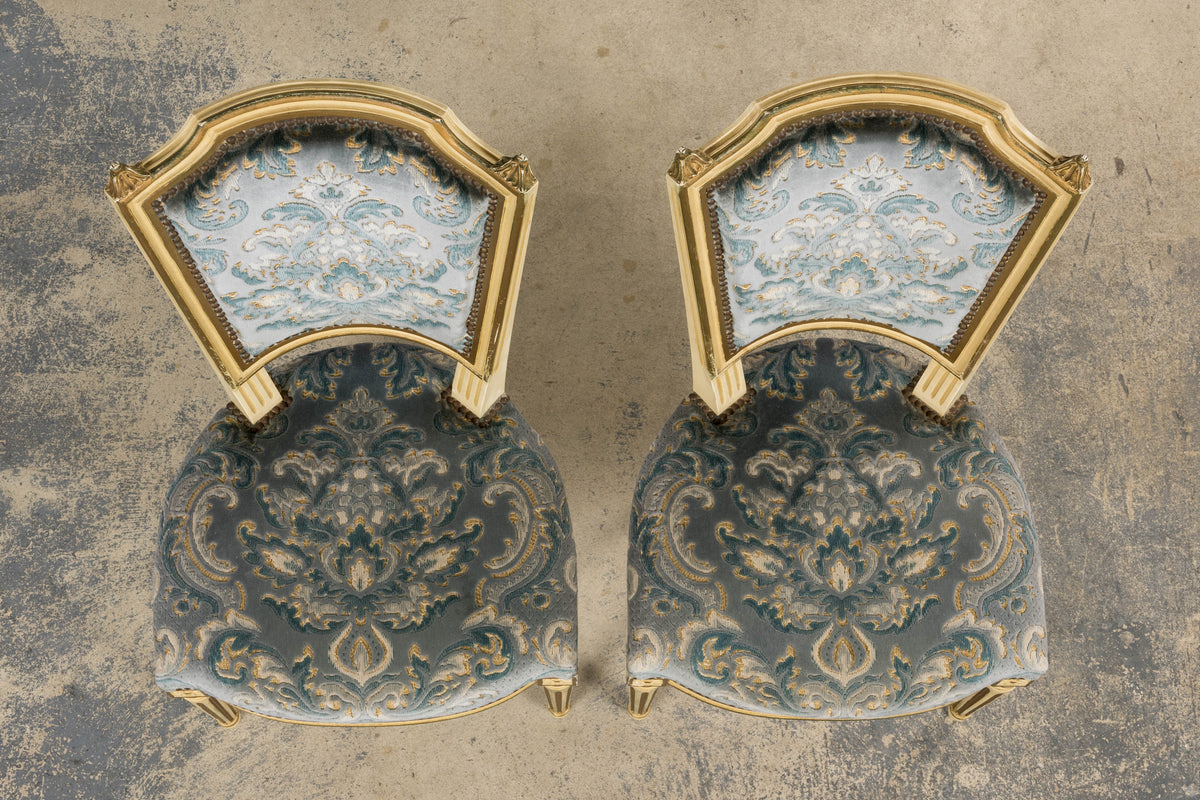 Antique French Louis XVI Style Painted Side Chairs W/ Blue Velvet Damask – A Pair